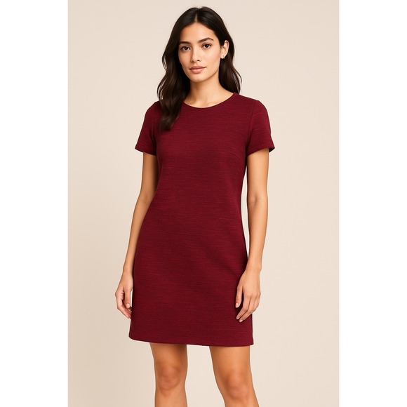 LOFT Dresses & Skirts - LOFT Shift Dress Size 6 Burgundy Marled Knit Short Sleeve Tweed‎ Ribbon Back
